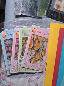 dried flower, stickers, papers