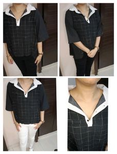 Women Black Shirt Pleated Check Top