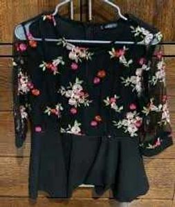 Black Embroidered Mesh Sleeve Top