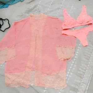 Sheer Pink Lace Robe &amp; Lingerie Set