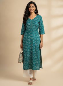 Elegant Teal Geometric Print Kurta