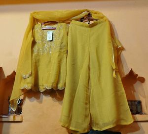 Yellow Kurta Set with Palazzo and Dupatta