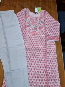 Elegant Purple Printed Kurta with Grey Pants