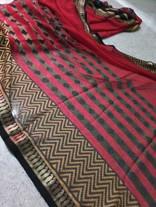Red &amp; Black Saree with Gold Border