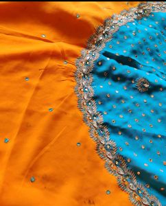 Designer Orange blue heavy work saree
