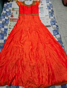 Embellished Orange Ethnic Work Gown with pant.