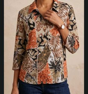 Boho Patchwork Leaf Print Button-Up Shirt