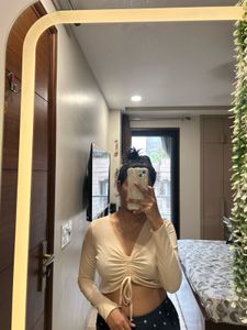 Beige Ruched Long Sleeve Crop Top