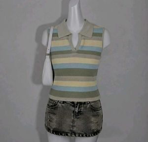 Striped Polo Collar Sleeveless Top