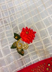 Cream Floral Embroidered Saree with Red Blouse