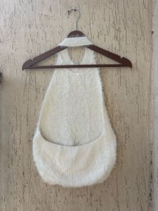 Fuzzy Cream Halter Neck Top