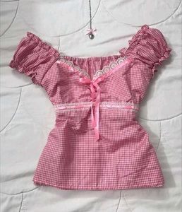 y2k Cute Pink Gingham Cottagecore Top