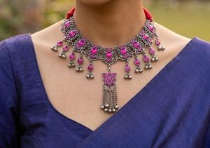 New Oxidized Silver Pink Stone Necklace