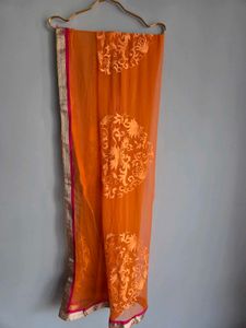 Orange Embroidered Dupatta with Pink Border