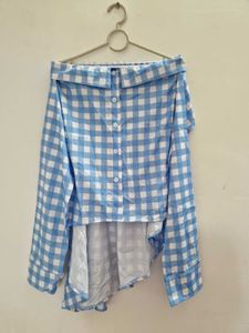 Blue &amp; White Gingham Off-Shoulder Top