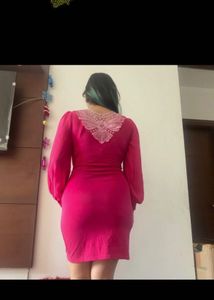 Stylish Pink Dress with Lace Neckline
