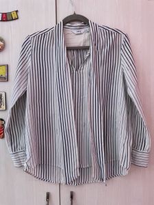 Navy Blue Striped Tie Neck Blouse