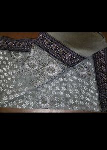 Elegant Grey Floral Embellished Saree