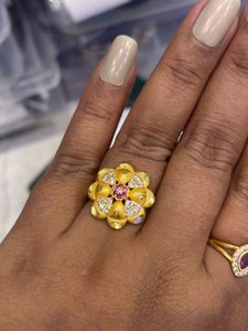 Exquisite Floral Gold Ring with CZ &amp; Ruby