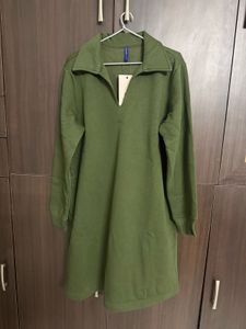 Olive Green Long Sleeve Fleece Sweatshirt Dress