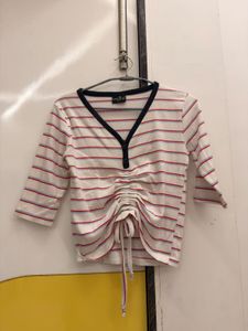 Striped Ruched Drawstring Top