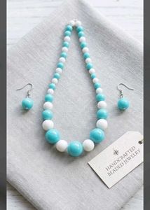 Blue & White Beaded Necklace & Earrings Set