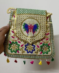 Off White Butterfly Sequins Embroidered Sling Bag