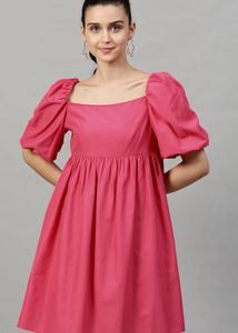 Dressberry Pink Puff Sleeve Square Neck Dress