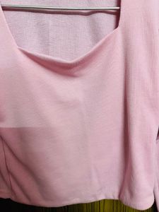 Zara Pink Ribbed Square Neck Long Sleeve Top