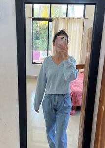 Baby Blue V-Neck Crop Sweater