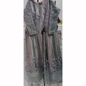 Elegant Smoky Grey Embroidered Party Wear Gown
