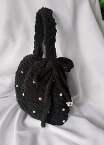 Handmade Black Crochet Pearl Bag🖤