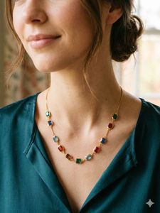 Gold Chain Necklace with Colorful Gems