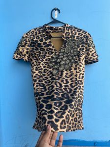 Leopard Print Peacock Embellished Y2k Top