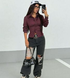 Burgundy Pinstripe Fitted Blouse - S