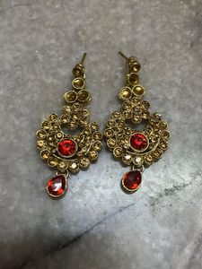 Stunning Gold-Tone Red Stone Earrings
