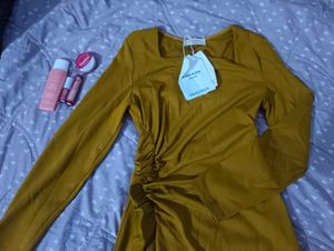 Mustard Yellow Ruched Midi Dress