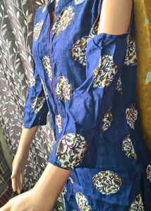Blue Printed Cold Shoulder Kurta