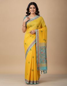 Vibrant Yellow Saree with Floral Border