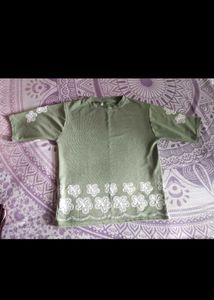 Olive Green Top with Floral Detail