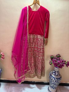 Elegant Pink Velvet Embroidered Suit