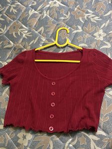 Women's Red Button-Up Crop Top