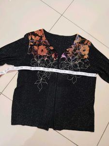 Sparkly Black Cardigan with Floral Accent