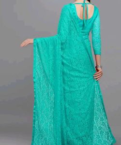 Stunning Teal Lace Saree with Pearl Embellishments