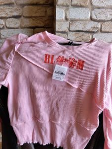 Pink Ribbed "Bloom" Graphic Top