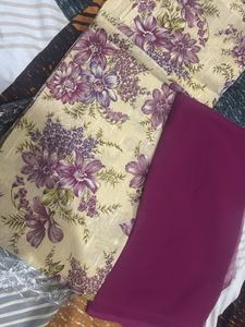 Floral Print Dress Material with Purple Dupatta