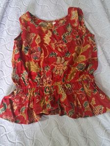 Red Floral Print Peplum kurta with sharara