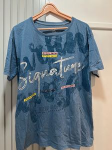 Loose Fit Blue Graphic Print T-Shirt, Bust- 40/42