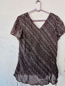 Sheer Brown Patterned V-Neck Top
