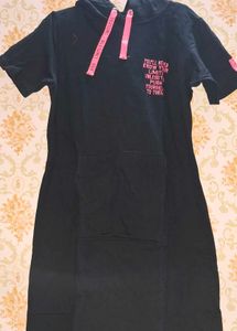 Black Hoodie Dress with Pink Accents